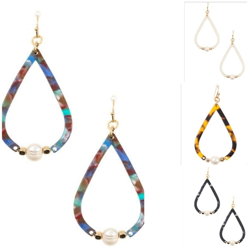 Tear Drop Resin Fresh Water Pearl Earrings